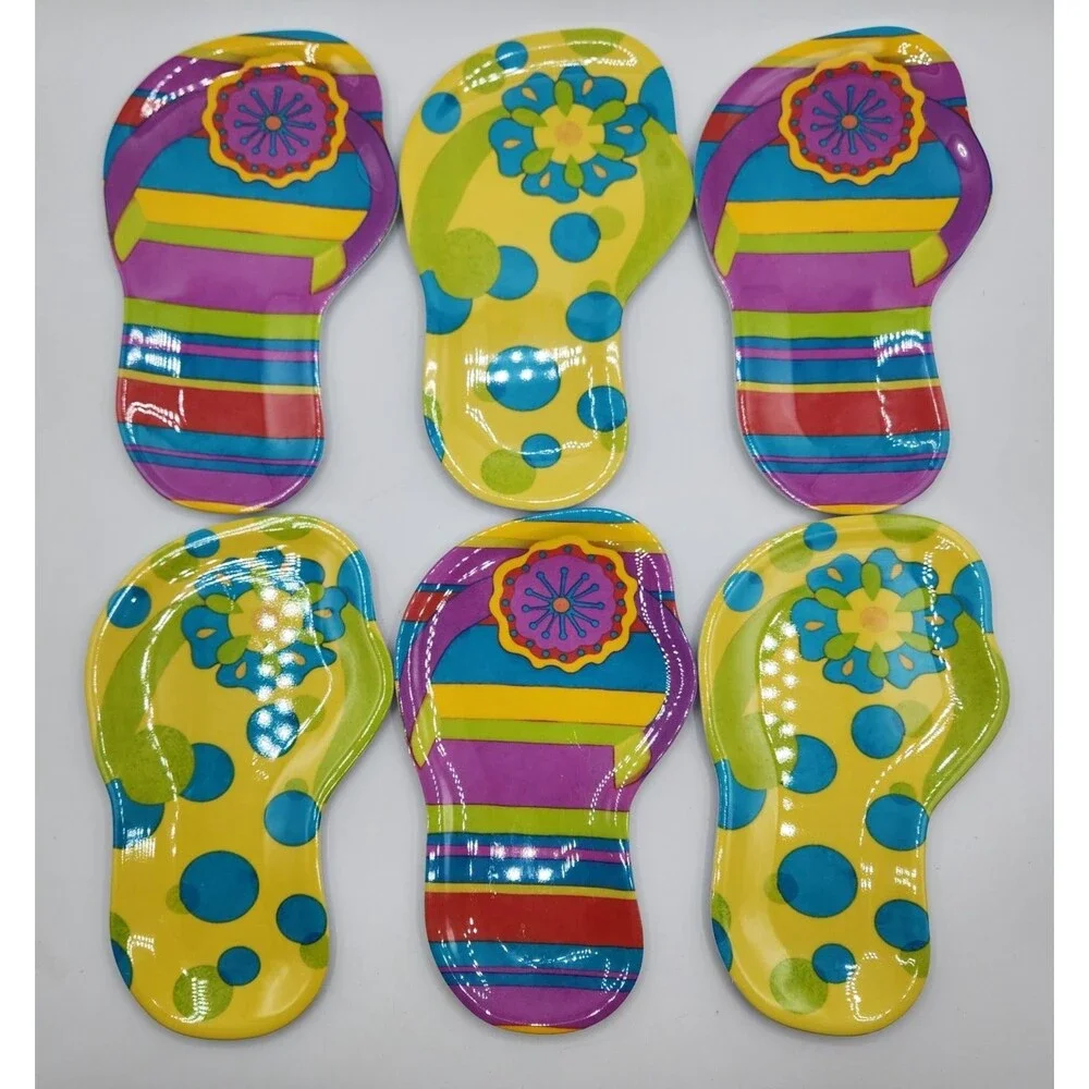 Flip Flop Sandal Plates Melamine Dessert Appetizer Pool Beach Summer Set of 6